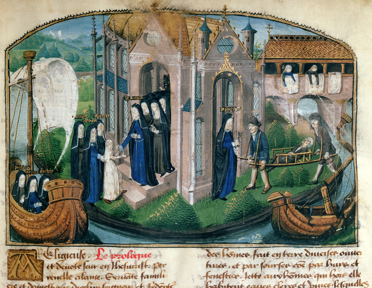 Jean Henry tarafından "Le Livre de Vie Active de l" Hotel Dieu de Paris "den bir aceminin resepsiyonu ve bir hastayı karşılaması, c.1482 by French School