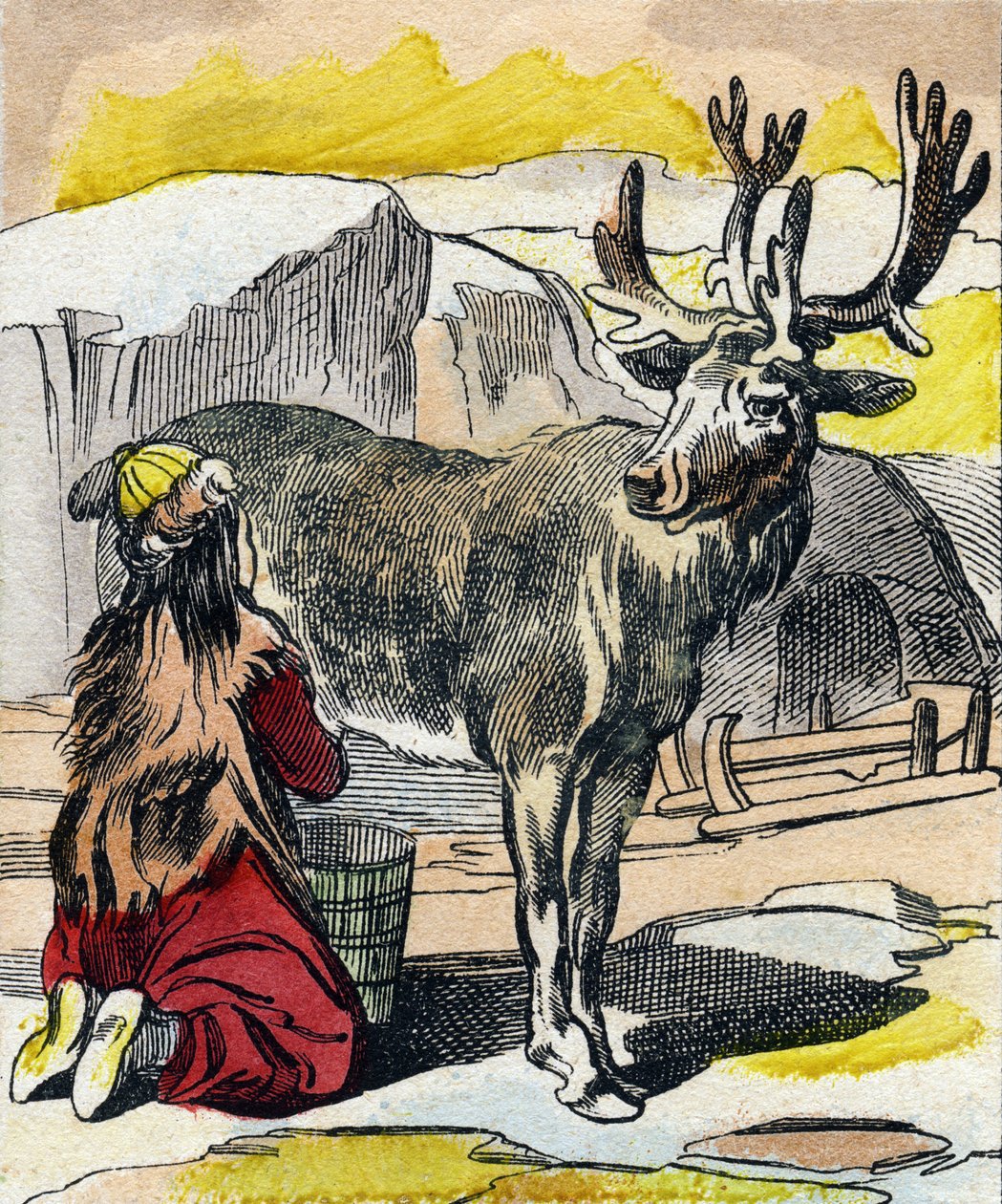 Ren geyiği sağılıyor. "Buffon Alphabet des Animaux" gravürü. 3. Seri N 1. Epinal