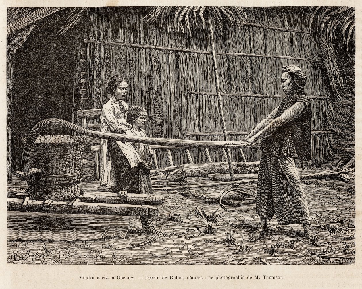 Gocong'daki bir çiftçi evinin önündeki pirinç değirmeni, Robin'in Cochinchine'e yaptığı yolculuğu gösteren bir çiziminden sonra gravür, Doktor Morice tarafından 1872, “Le tour du monde”” 1875, editörlüğünü Edouard Charton, Hachette baskısı, Par by French School