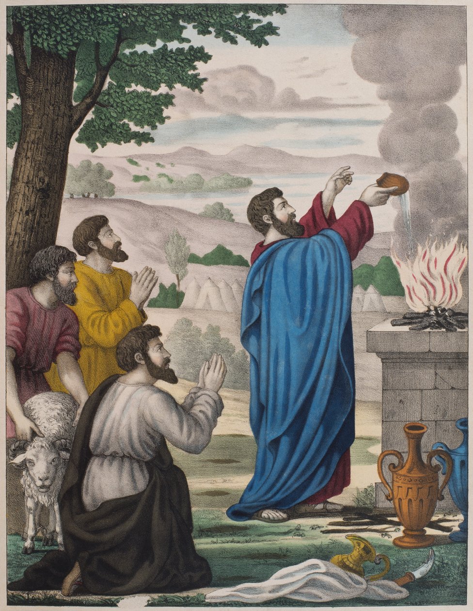 İlyas ve Baal rahiplerinin rakip kurbanları, Charles Delagrave tarafından yayınlanan LHistoire Sainte ilmihalinden bir örnek, Paris, 19. yüzyılın sonlarında by French School