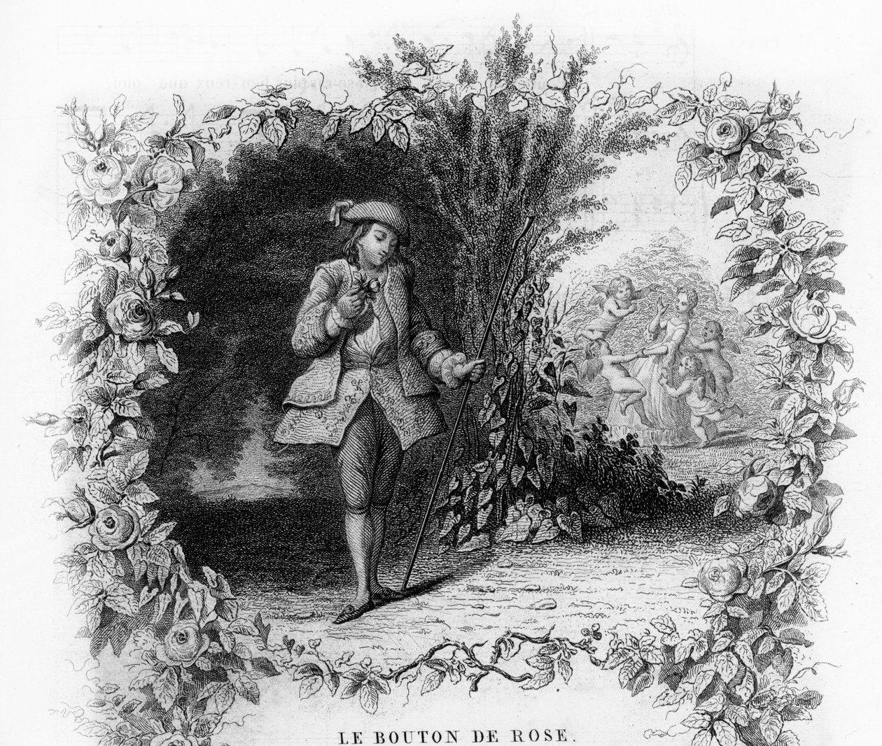 Gül düğmesi. Altında genç bir kadının aşk tanrısı ile çevrili olduğu bir bahçede yalnız ve romantik bir genç adam. “” Chants et chansons populaire de la France”, Cilt 2