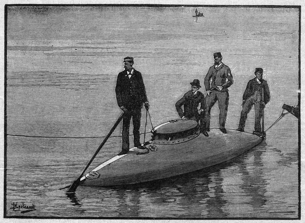 Denizaltı, dört adamı şamandıra ve taşıyan boş “Goubet” i havalandırdı. 28 Kasım 1895 tarihli “La gazette du dimanche” de gravür. by French School