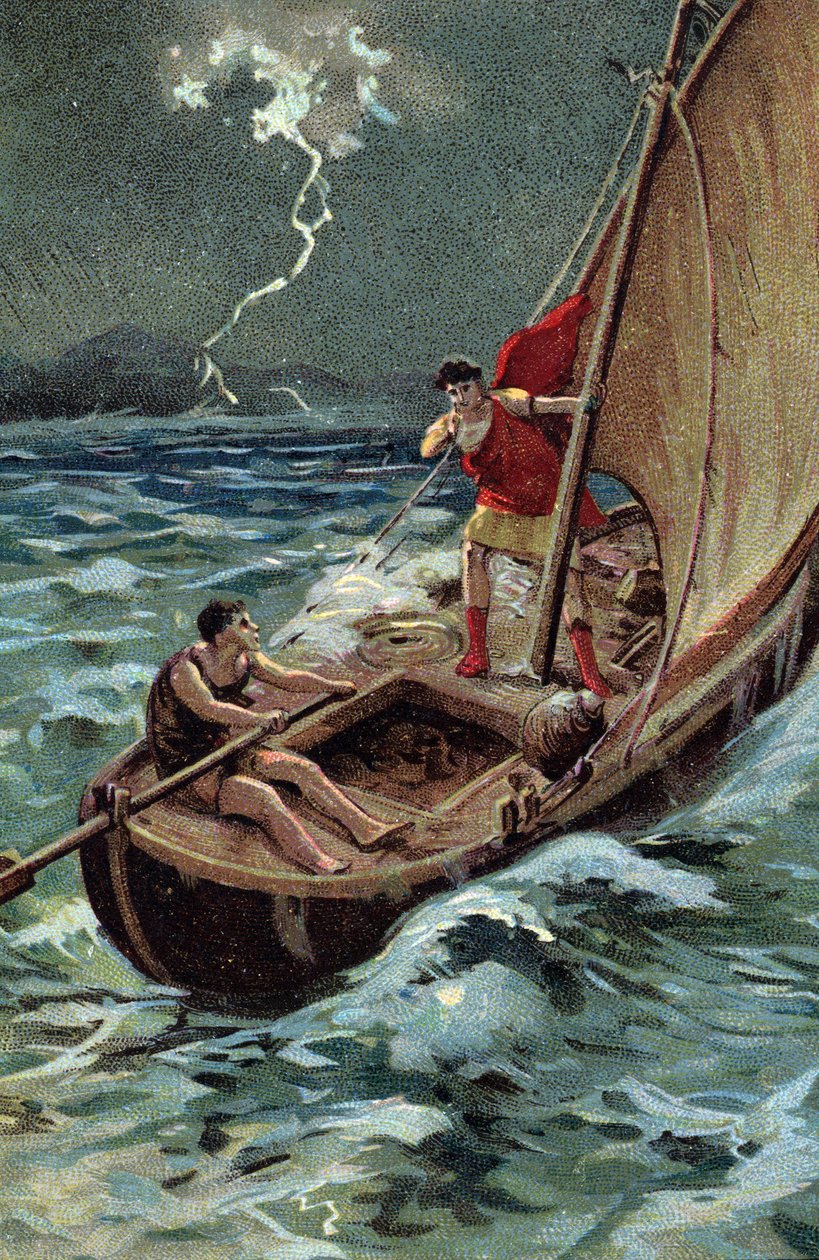 Dalmaçya'ya katılmak için Adriyatik Denizi'ni geçen genç Jules Cesar (MÖ 100-44), iyi yıldızına ve kaderine güvenerek fırtınaya rağmen cesurca ilerliyor (Genç Julius Caesar (MÖ 100-44), gemisiyle Adriyatik Denizi'ni cesurca geçiyor. Tempolara r by French School