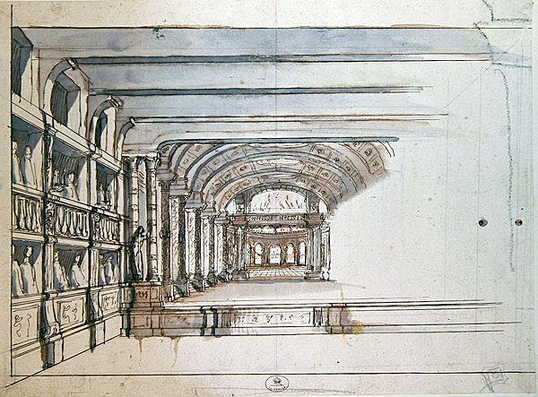 Tiyatro sahnesi ve kutulu oditoryum, 17. yüzyılın sonları (kalem ve mürekkep ve kağıt üzerinde yıkama) by French School