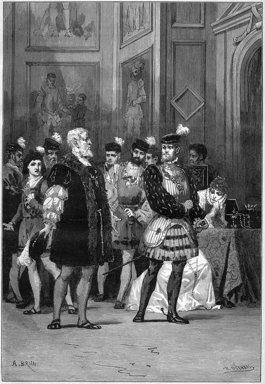 Tiyatro gösterimi: Victor Hugo (1802-1885), üçüncü perde sahne 6. Paris, Comedie Francaise tarafından “” Hernani” by French School
