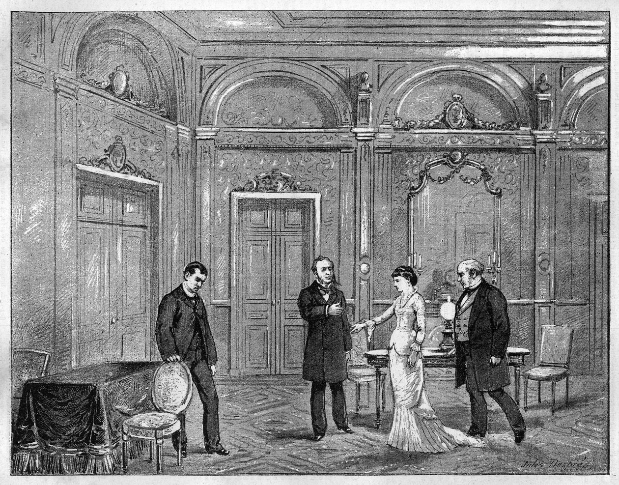 Tiyatro gösterimi: Auguste Vacquerie (1819-1895) tarafından “” Jean Beaudry”. 4. perde. Paris, Theatre Francais (Komedi Française). “La republique illustree” özel koleksiyonunda 1880 yılına ait gravür. by French School