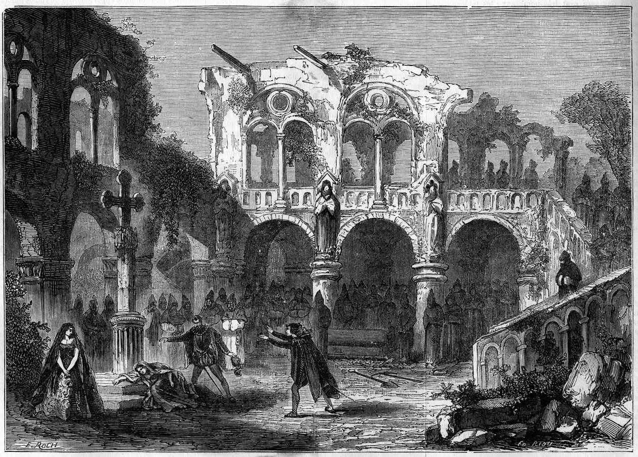 Tiyatro gösterimi: Auguste Vacquerie (1819-1895) tarafından “Onur Cenazeleri” (Perde VII, son sahne). Paris, Theatre de la Porte Saint Martin by French School