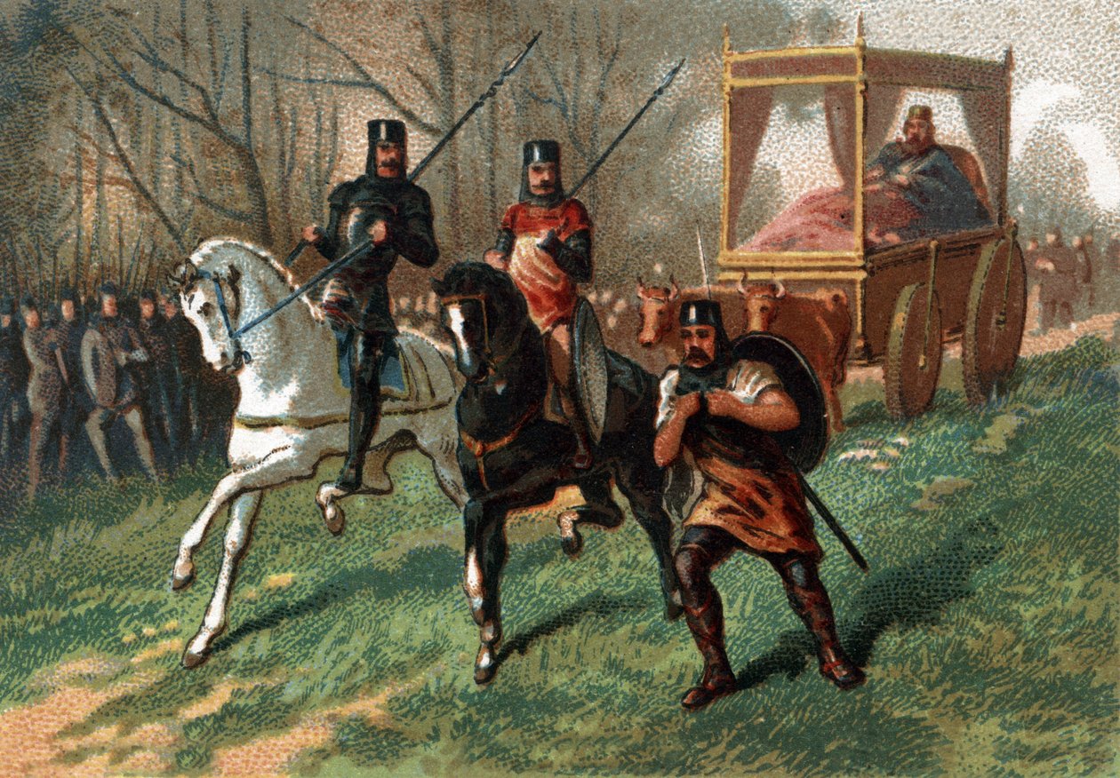 Thierry I (? - 533), Austrasia Kralı bir arabada öküzler tarafından sürükleniyor. 19. yüzyılın sonlarında kromolitografi. by French School
