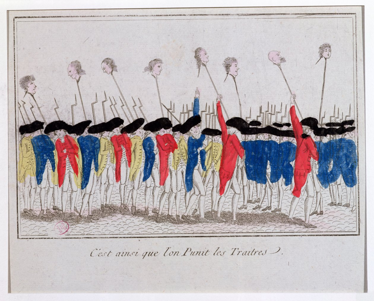 İşte hainler böyle cezalandırılır, giyotinlilerin başlarını taşıyan eşofman altı, 1789 by French School