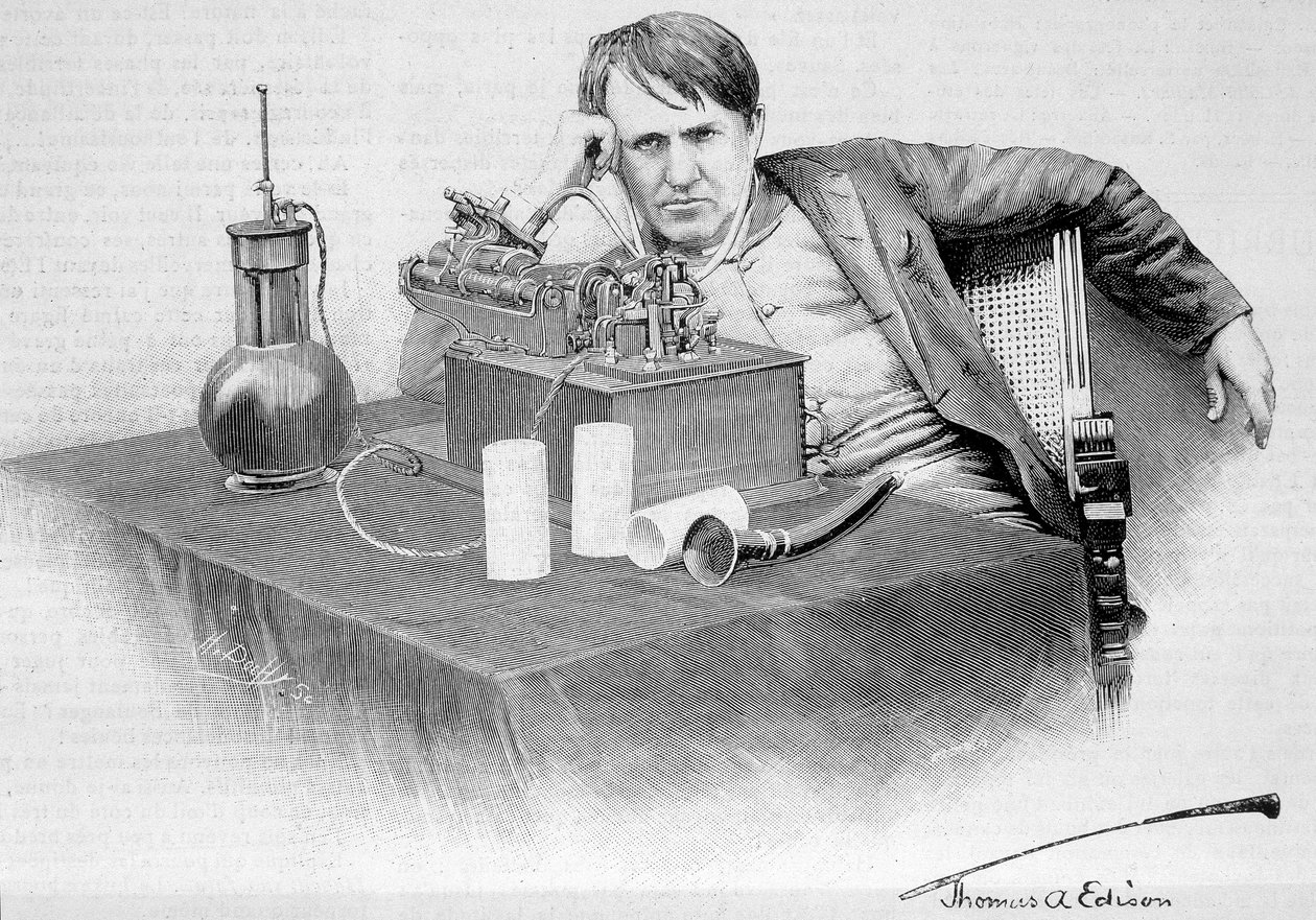 Thomas Edison ve fonografı - 17/08/1884 tarihli “” Le Monde Illustré”de by French School
