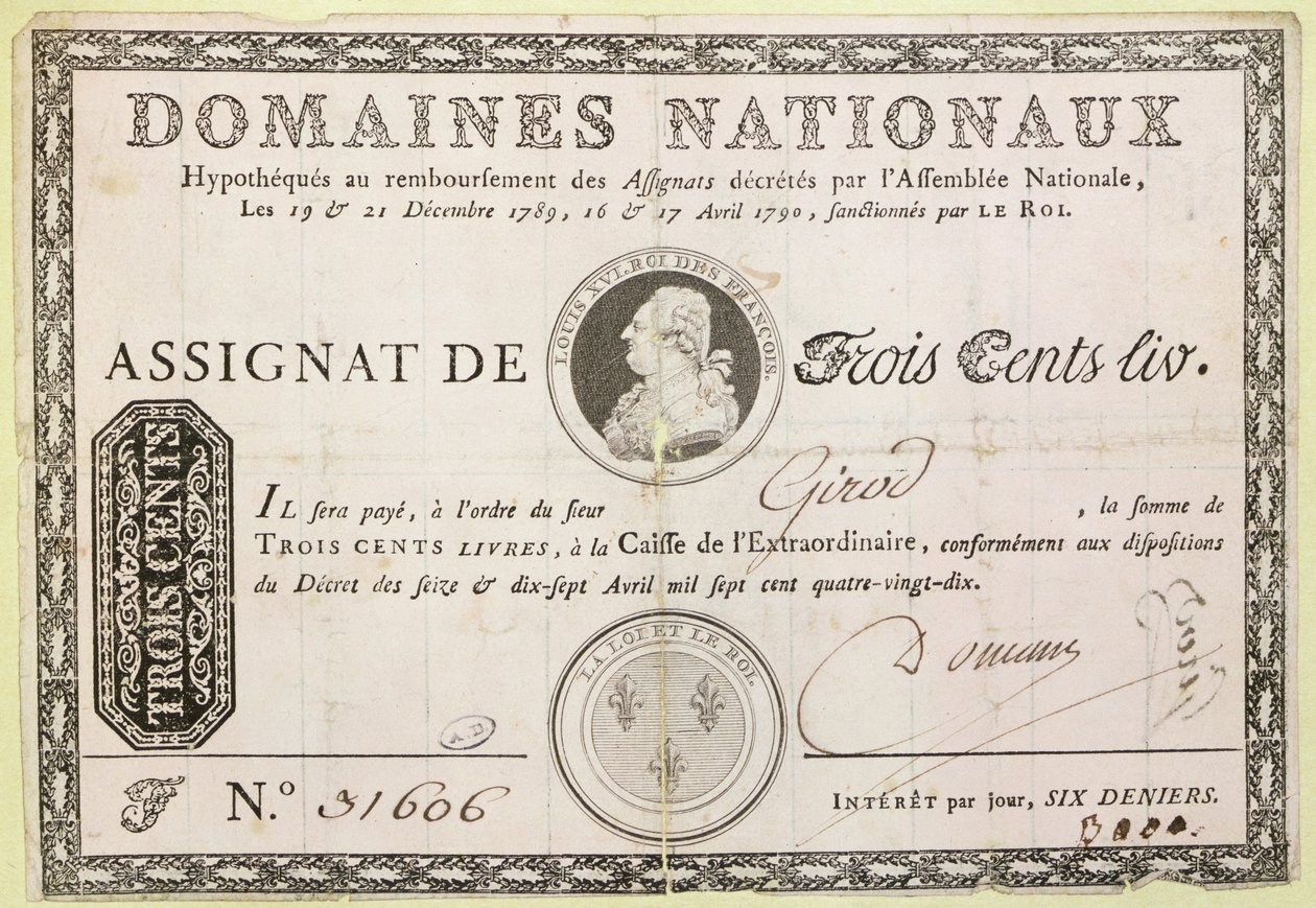 Üç yüz liralık banknot, 1790 (kağıt üzerine mürekkep) by French School