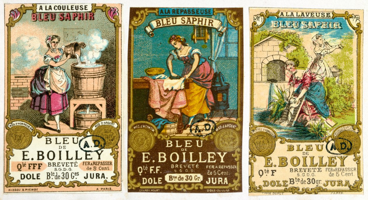 Bleu de E. Boilley marka çamaşır tozu için üç etiket, 1878 by French School