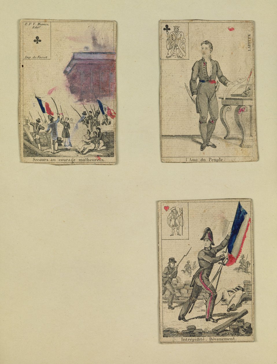 Temmuz 1830, 1831 kahramanlarını anan üç oyun kartı by French School
