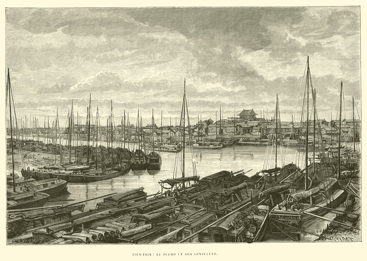 Tien-Tsin, Pei-Ho ve birleştiği yer (gravür) by French School