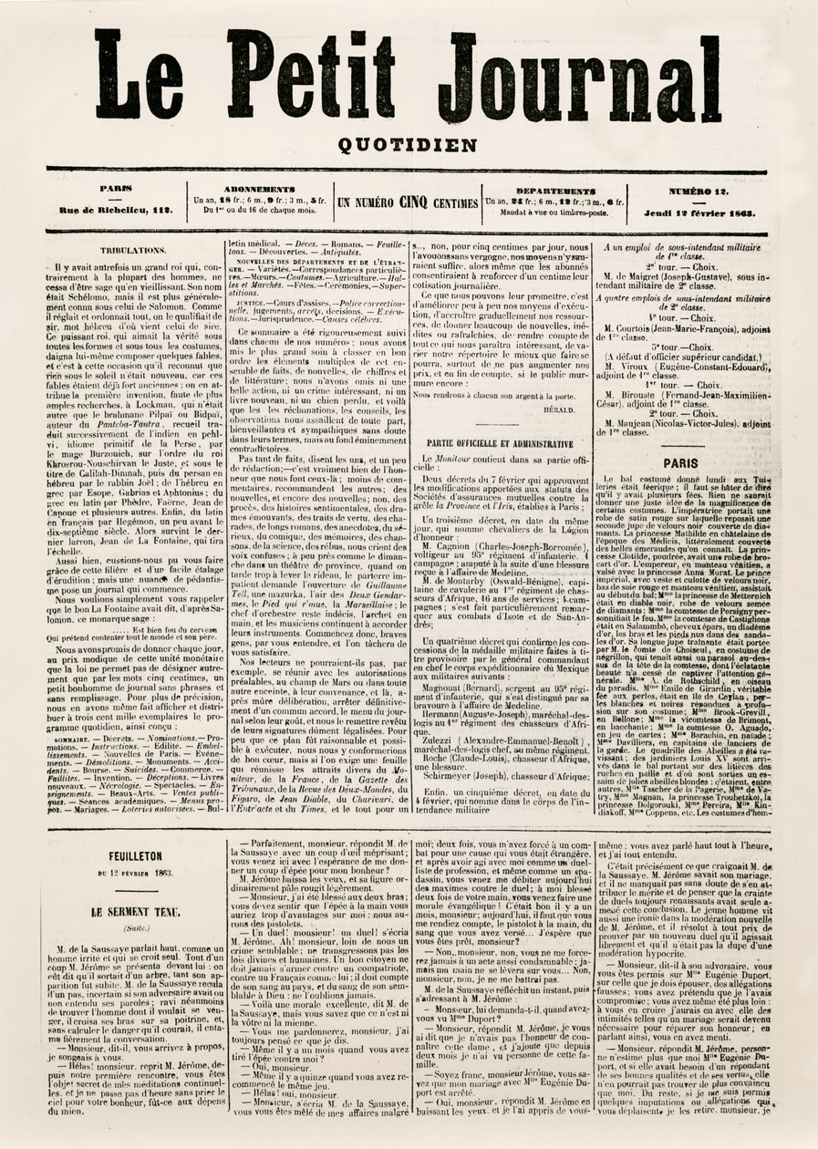 Günlük gazetenin başlık sayfası Le Petit Journal, 12 Şubat 1863 (basılı) by French School