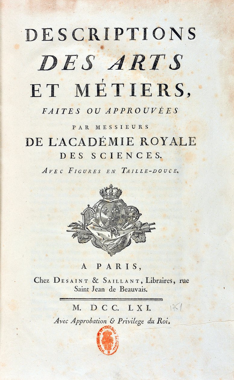 “Kraliyet Bilimler Akademisi beyler tarafından yapılan veya onaylanan Sanat ve Meter Açıklamaları” başlığının başlık sayfası”. 1761 by French School