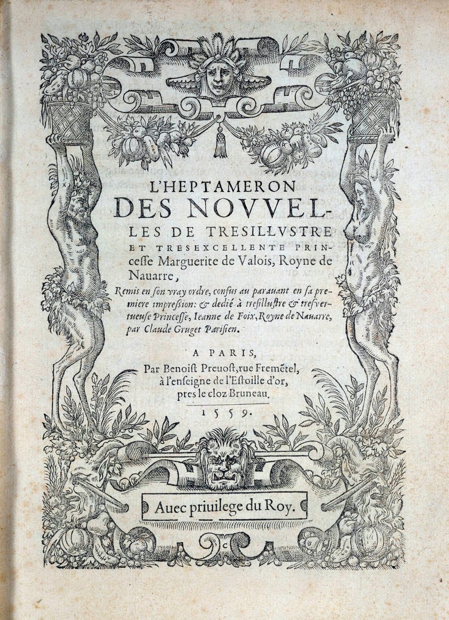 “Heptameron””” başlık sayfası: Navarre'lı Margarita'nın (Valois'li Marguerite, Angouleme'li Marguerite veya Fransa'nın Marguerite'si (1492-1549) Navarre ve Şair Kraliçesi) masalları veya haberleri by French School