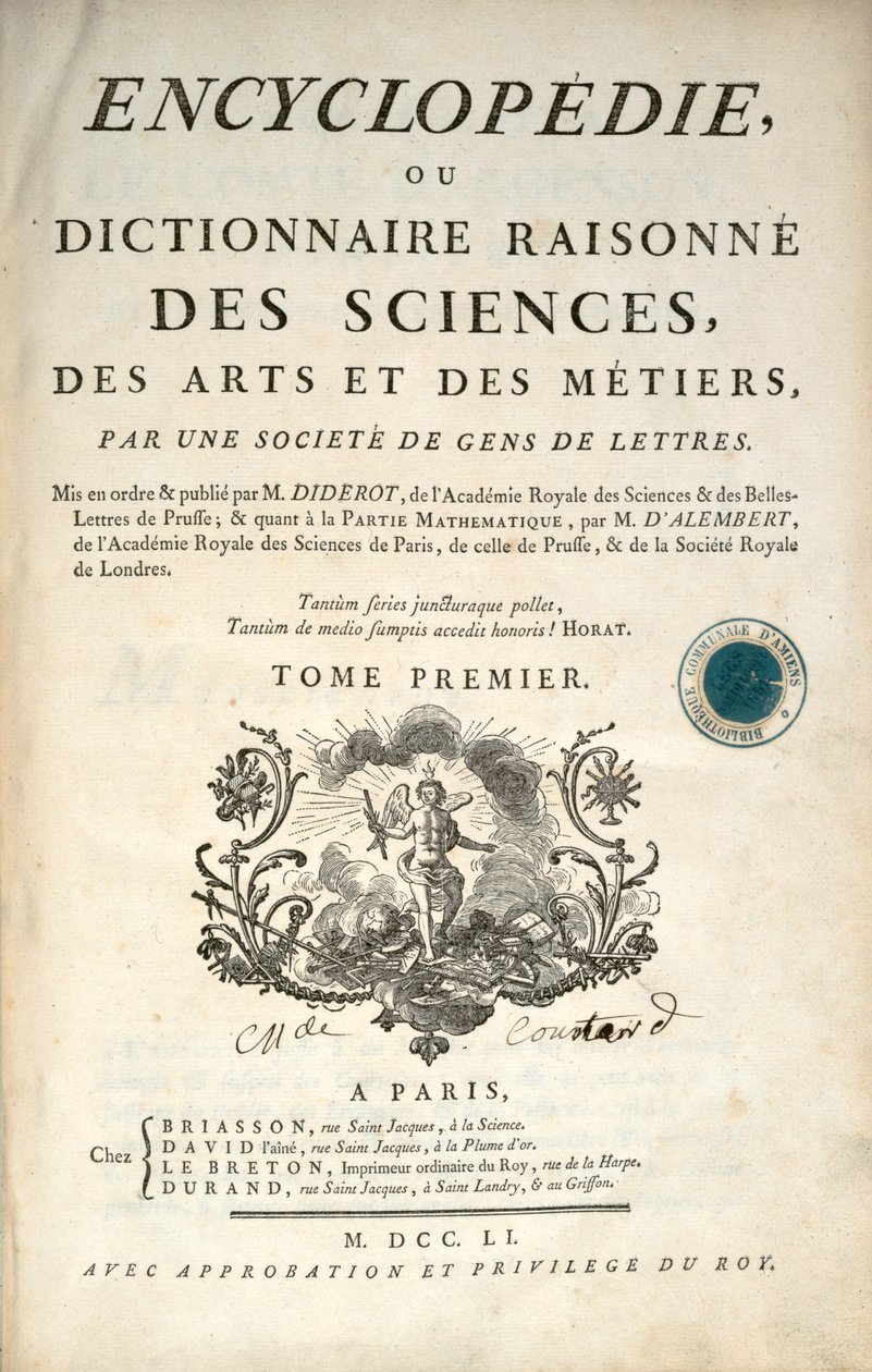 Denis Diderot ve Jean le Rond dAlembert tarafından yazılan Ansiklopedinin ilk cildinin başlık sayfası, 1751 by French School