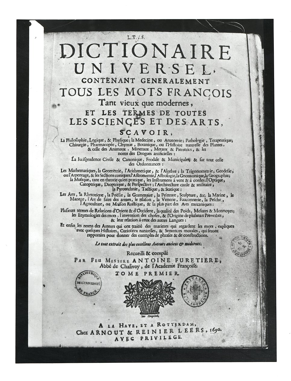 Antoine Furetiere (1619-88) 1690 (baskı) tarafından Dictionnaire Universel'in başlık sayfası by French School