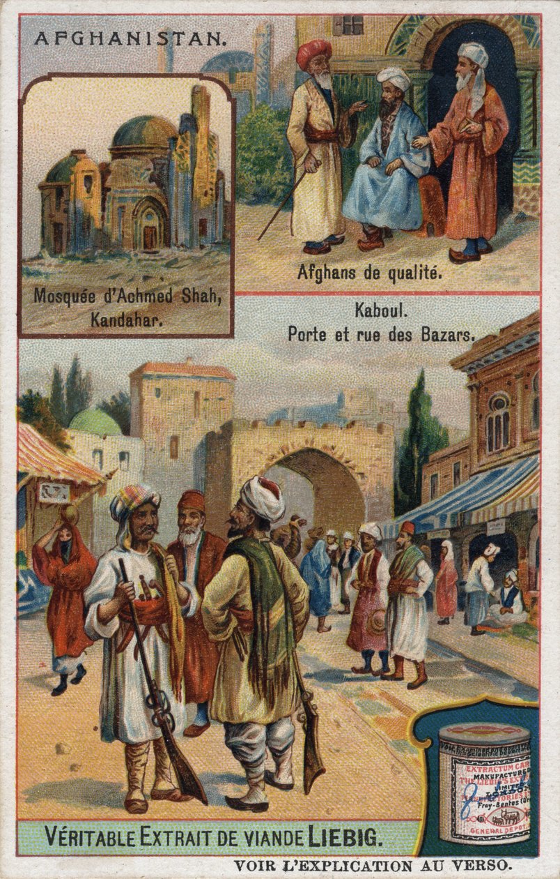 Üstte: Kandahar'daki Ahmed Şah Camii ve zengin Afganların portreleri. Altta: Afganistan'daki Kabil çarşısı. 19. yüzyılın reklam kromolitografisi. by French School