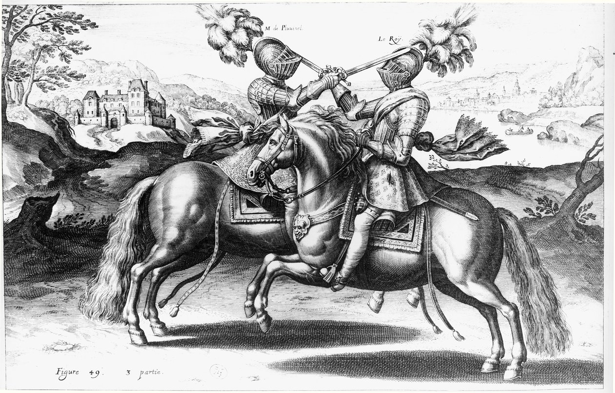 Henri IV (1553-1610) ve Antoine de Pluvinel (1555-1620) arasındaki turnuva sahnesi by French School