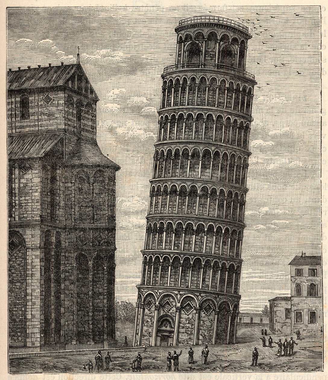 Pisa Kulesi - Torre di Pisa - Pisa Turu - “” Bilimlerin herkesin gözüne girmesi - Popüler fizik ve kimya”da gravür, Alexis Clerc - 19. yüzyılın sonu - Özel koleksiyon by French School