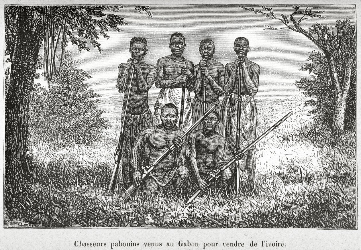 Gabon Yerli Halkının geleneksel kostümü, Henri-Victor du Pont tarafından 'L'Afrique Equatoriale...' adlı resimden by French School