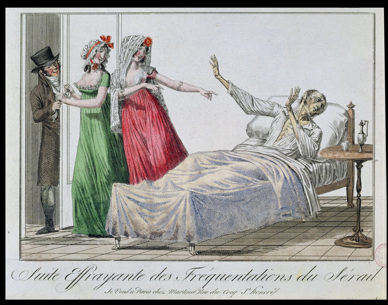 Sık sık genelevlere gitmenin trajik sonucu, bir frenginin karikatürü, 1800 dolayları (renkli gravür) by French School
