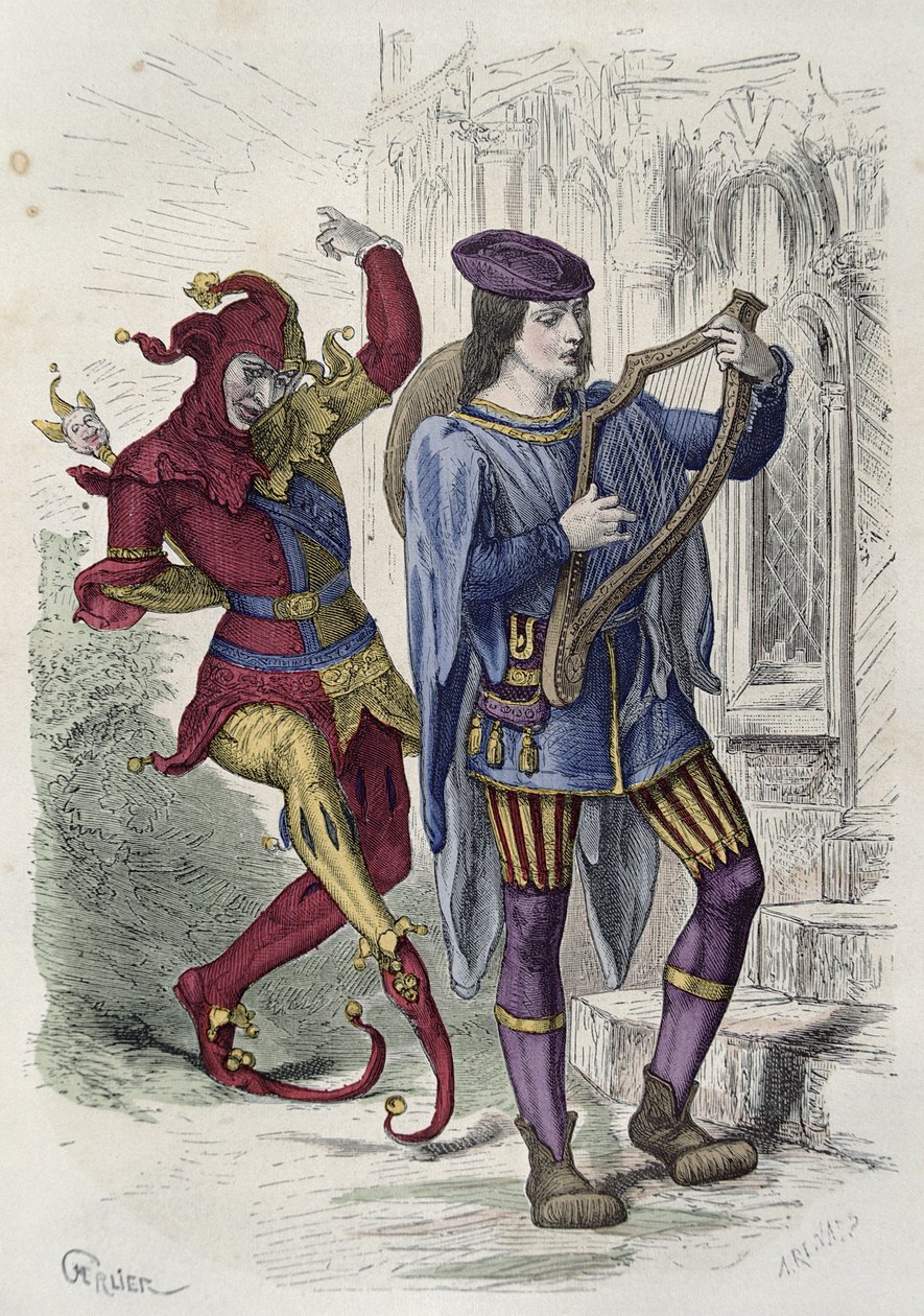 Gezici müzisyen ve saray aptal dansı (renkli gravür) by French School