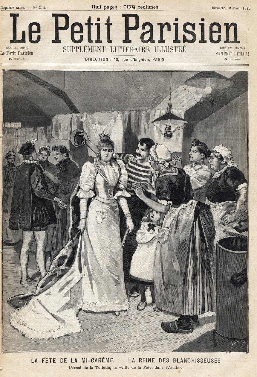 Beyazlatıcıların kraliçesi Mi Careme Fete (Mi-Careme) arifesinde atölyede tuvaleti deneyin. 12/03/1893 tarihli “Le Petit Parisien” gazetelerinden biri (gravür) by French School