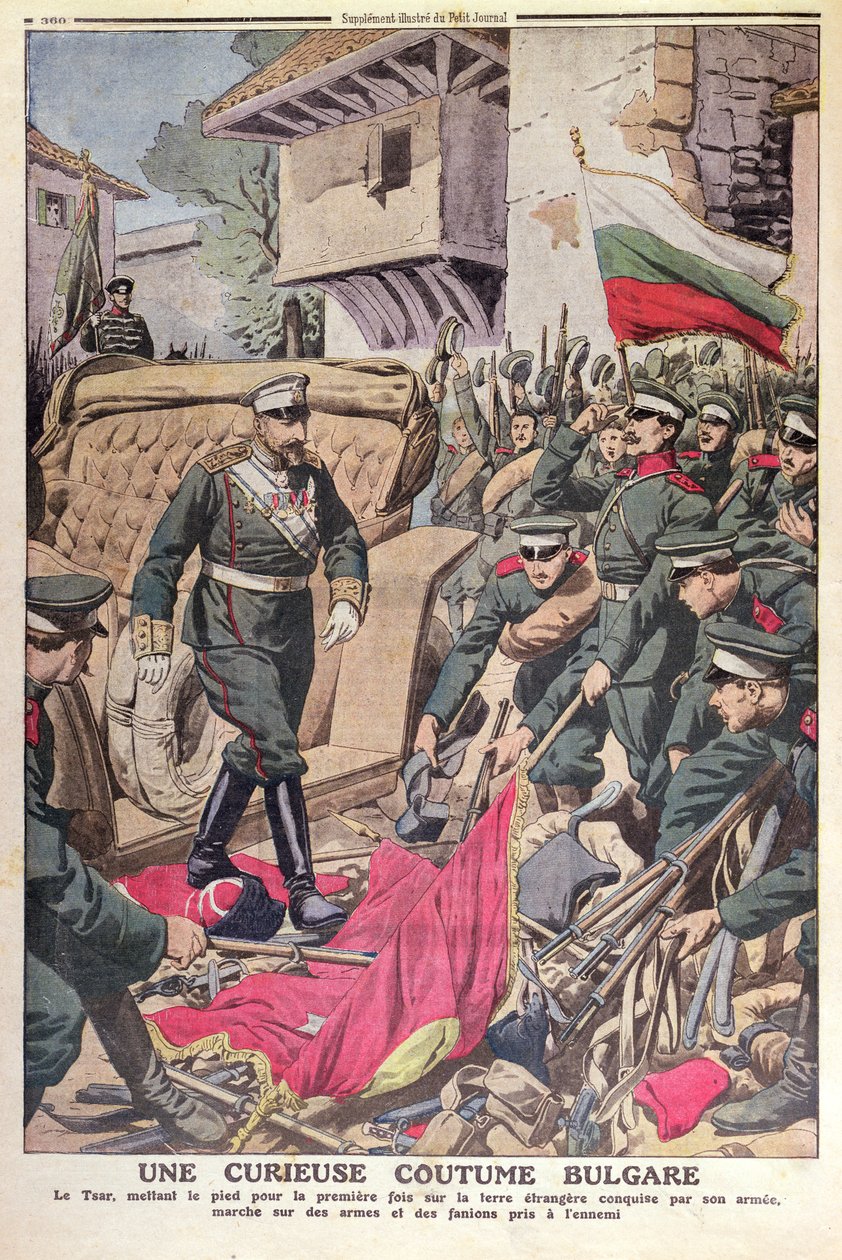 Bulgaristan Çarı I. Ferdinand (1861-1948), 1912 Balkan Savaşı sırasında ele geçirilen bayrakların üzerinde yürüyor, Kasım 1912 by French School