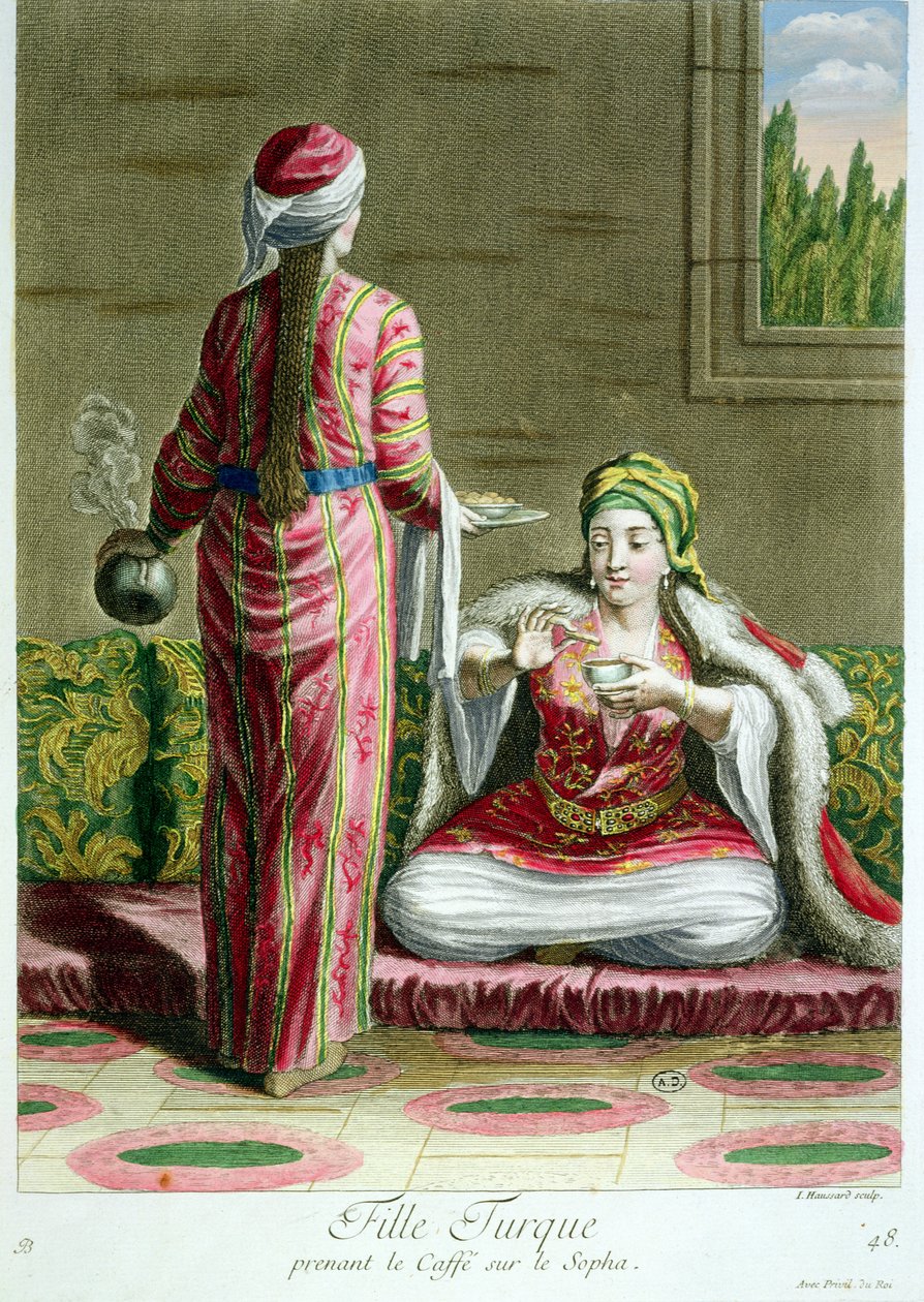 I. Haussard tarafından kazınmış Levant Kostümleri Baskıları Koleksiyonundan kanepede kahve içen Türk kızı, 1707-08 by French School