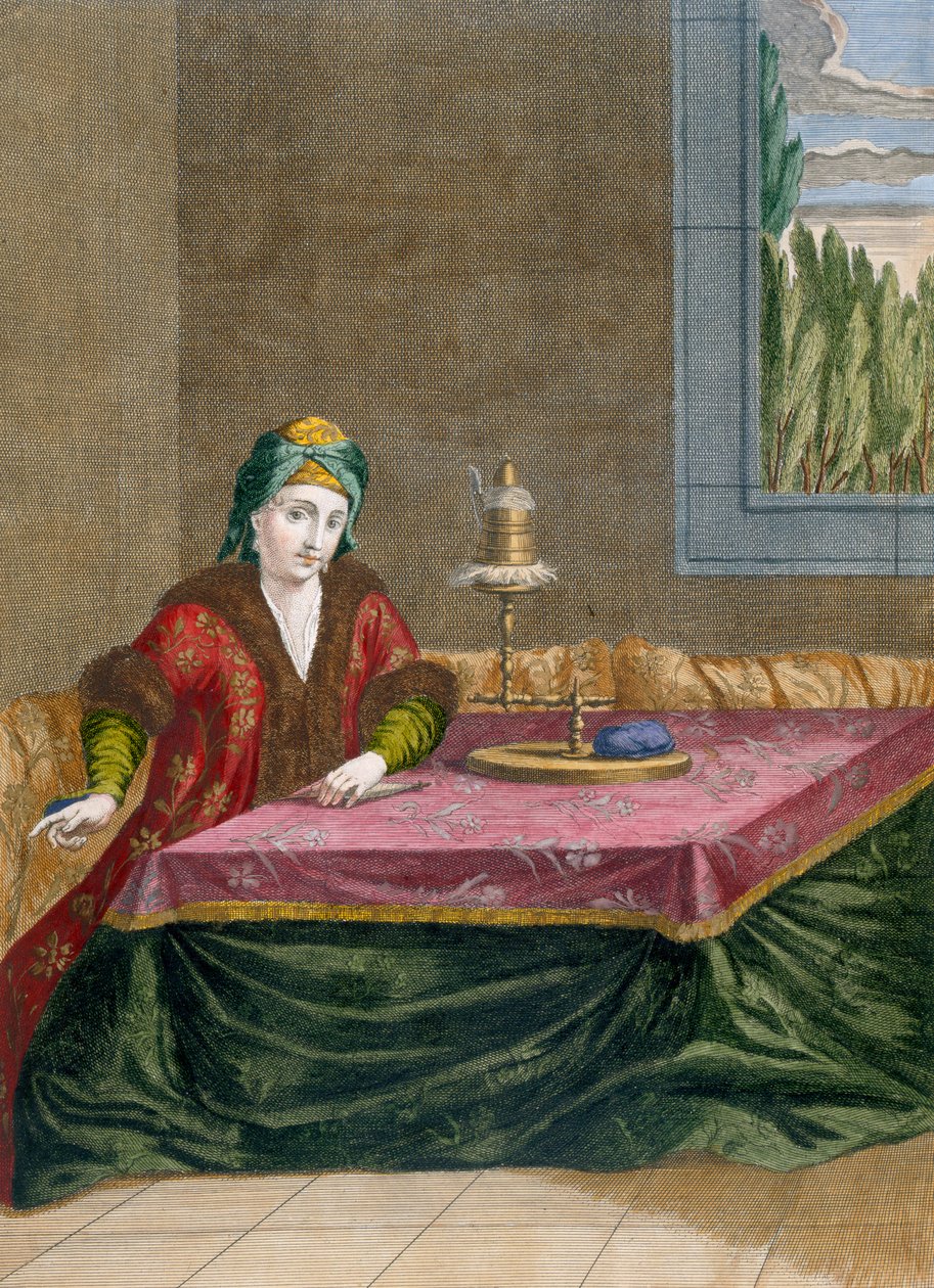 Türk kadını iplik eğirme, c.1708 by French School