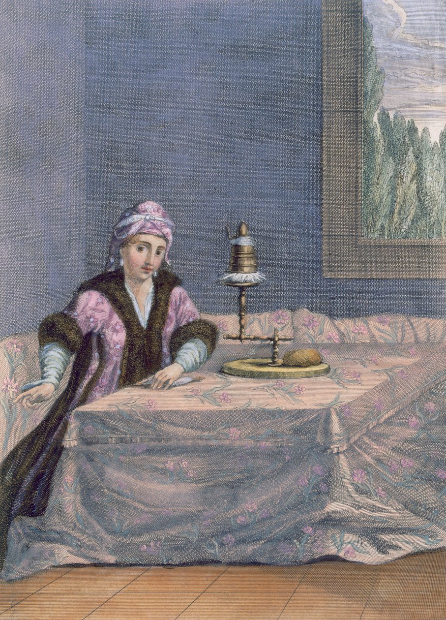 Türk kadını iplik eğirme, c.1708 by French School