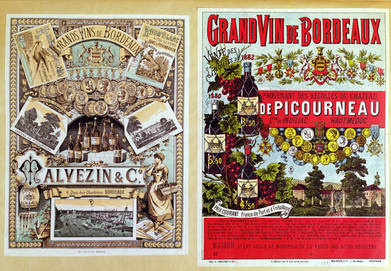 Malevezin ve Company distribütörleri ve Chateau de Picourneau bağı için Bordeaux bölgesinden, 19. yüzyılın sonlarında iki reklam by French School