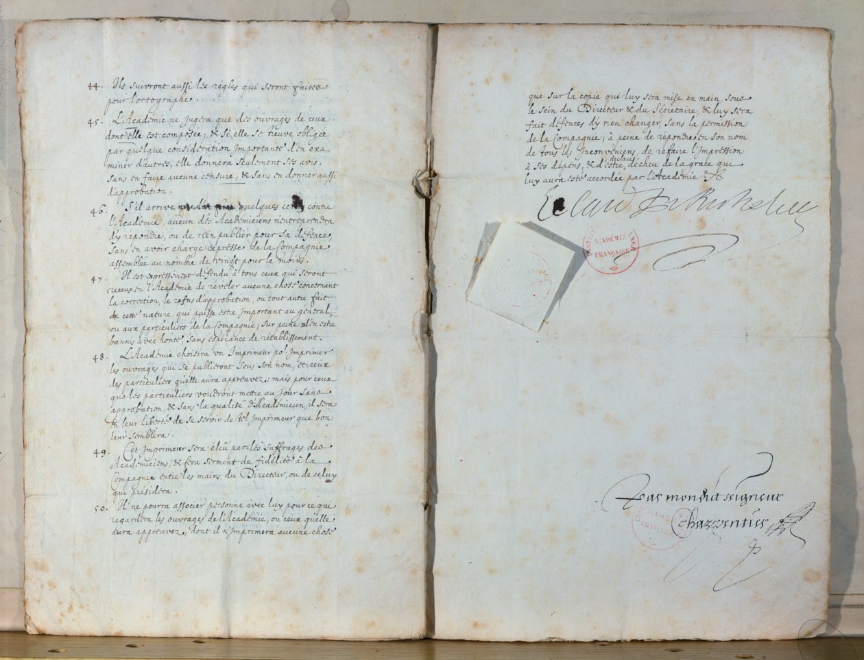 Fransız Akademisi tüzüğünden iki sayfa, 1635 (kağıt üzerine mürekkep) (ayrıca bkz. 179947) by French School