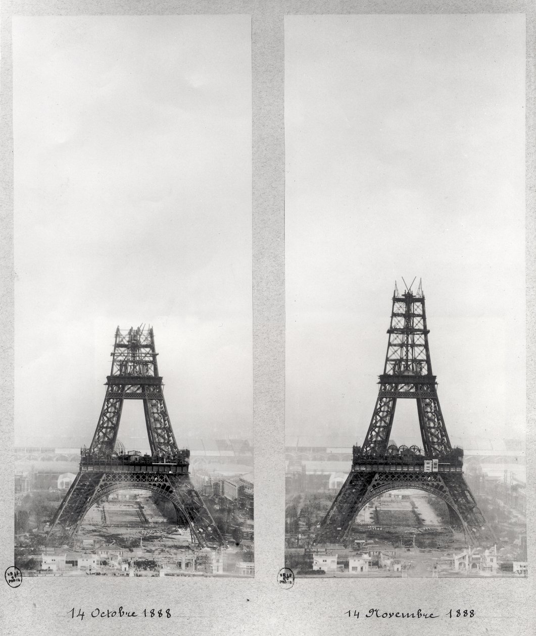 Eyfel Kulesi inşaatının iki görüntüsü, Paris, 14 Ekim ve 14 Kasım 1888 by French School