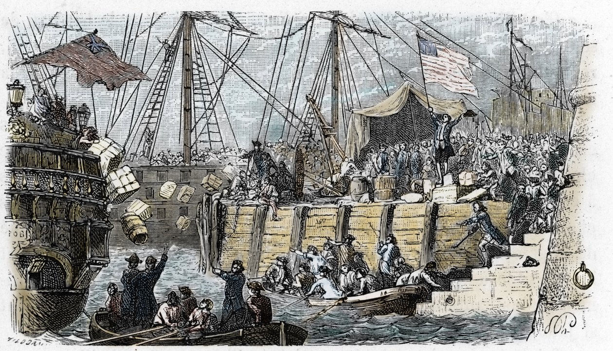 ABD Bağımsızlık Savaşı: İngiliz Parlamentosu tarafından çay ve diğer gıda maddelerine uygulanan vergilere karşı (Büyük Britanya kökenli) Amerikalı yerleşimcilerin isyanı. Kızılderili kılığına girerek com'a girdikten sonra çayın yükünü denize atıyorlar. by French School