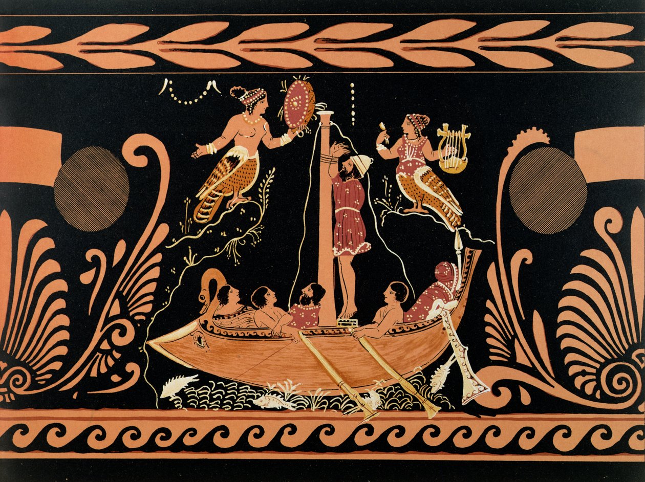 Ulysses ve Sirenler, antik bir Yunan vazodan illüstrasyon by French School