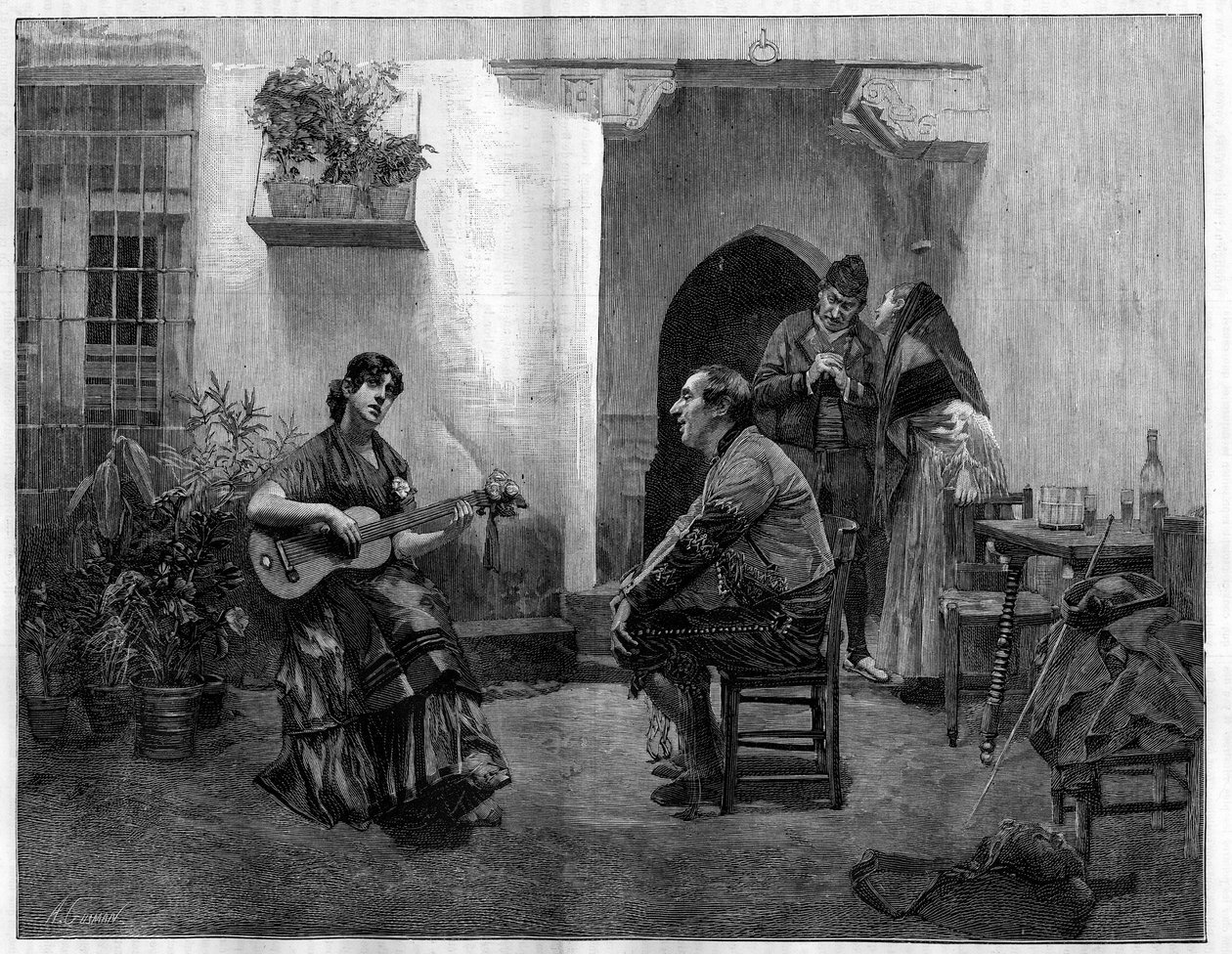 Büyünün altında: gitar çalan genç bir İspanyol kızı hayranlıkla dinleyen bir adam. Jules Worms