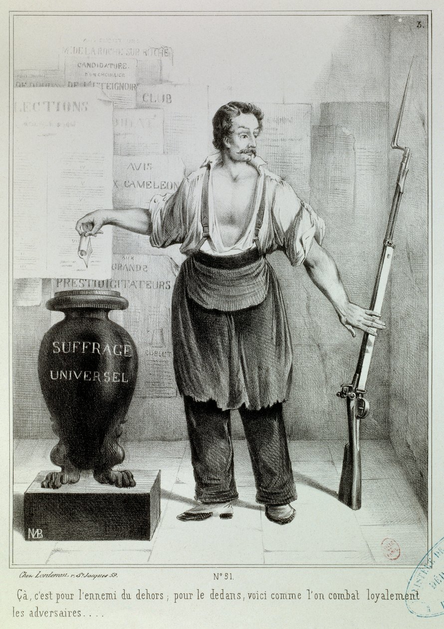 Genel oy “” oy ya da tüfek”” Oy, tüfek yerine düşmanla savaşmalıdır. Gravür M.L. Bosredon, Nisan 1848. Paris, Musee Carnavalet by French School