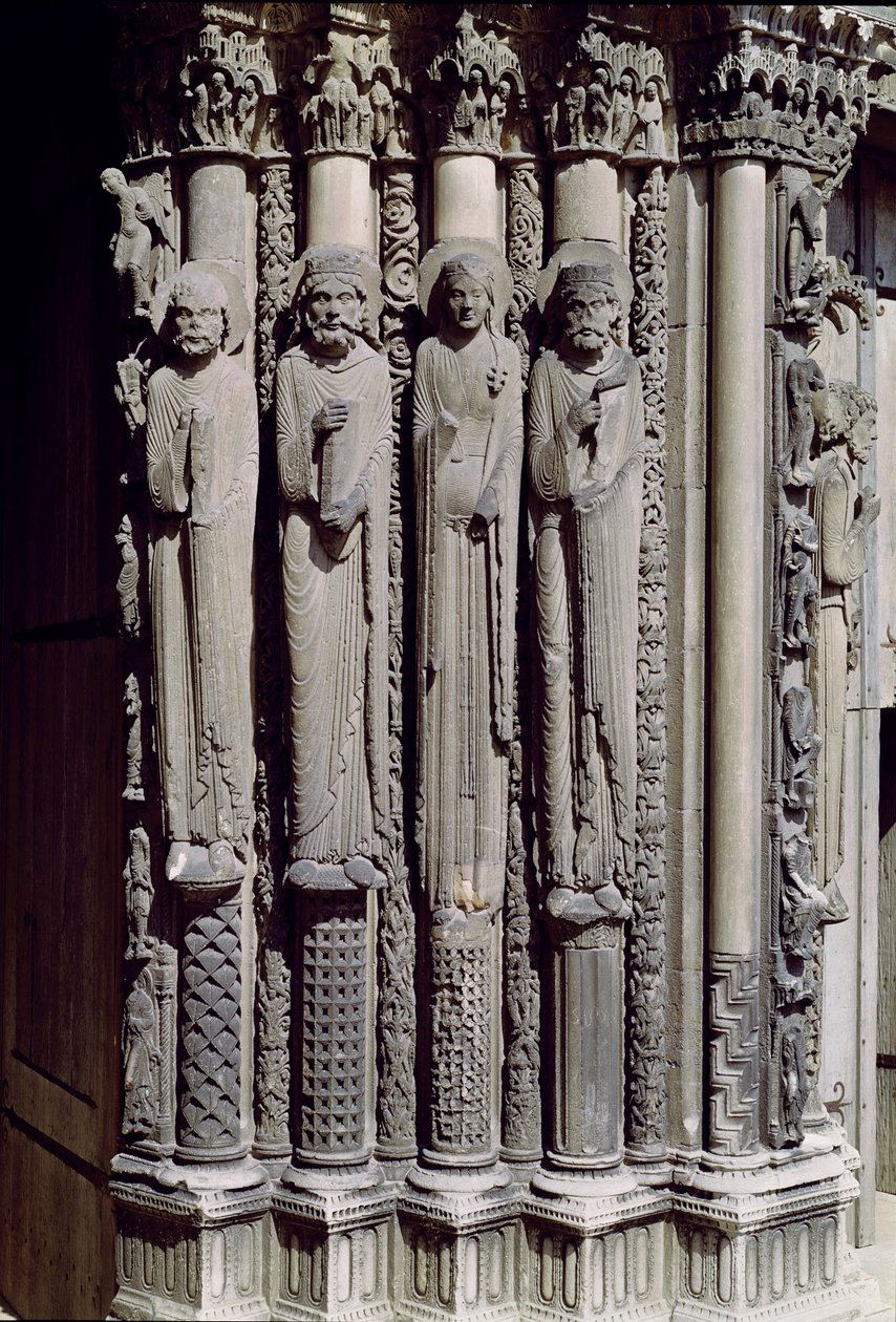Bilinmeyen figür, Kral Süleyman, Saba Kraliçesi ve Kral Davut, Kraliyet Portalından pervaz figürleri, 1140-55 by French School