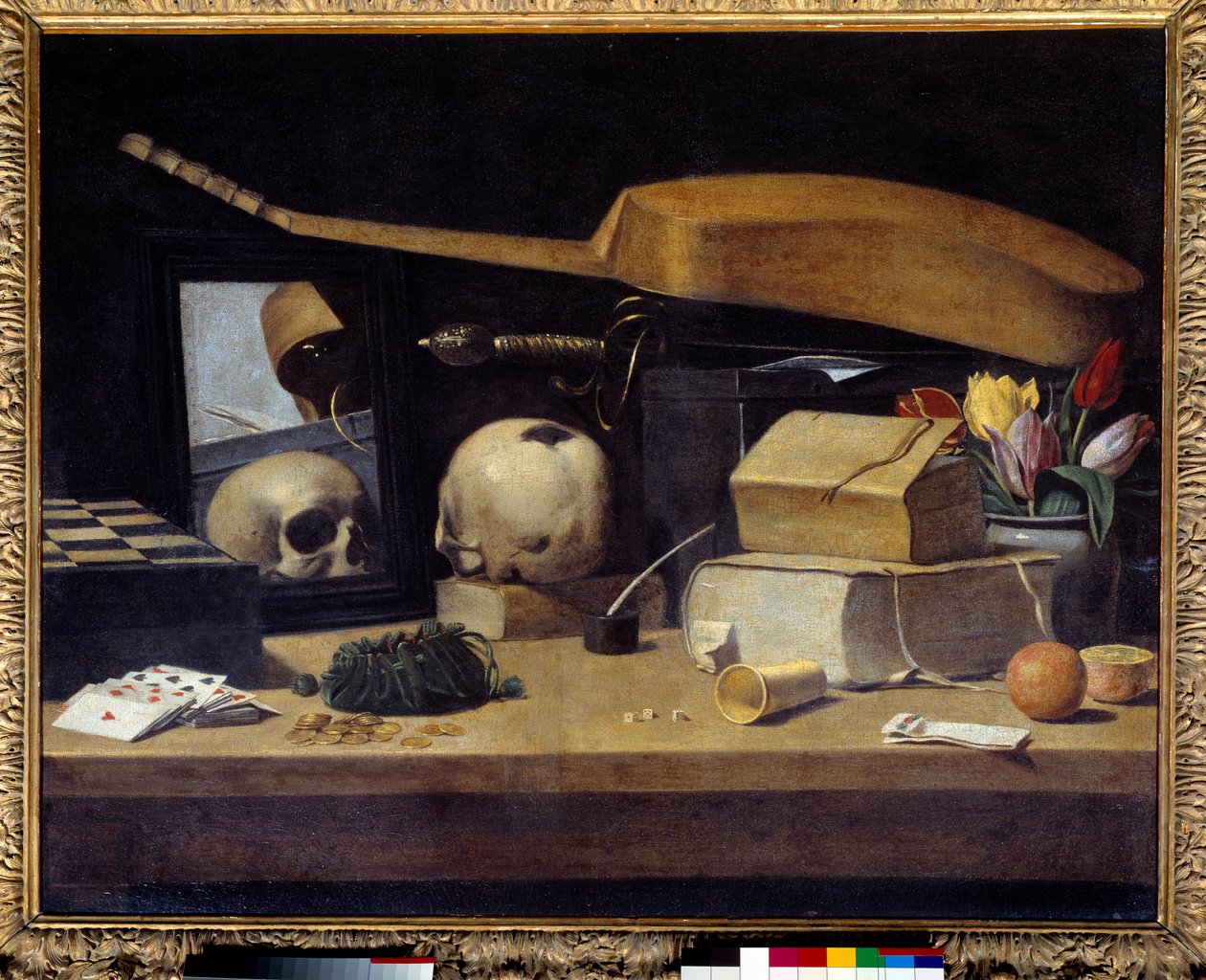 Vanitas Natürmort (Vanite), kart destesi, alet ve kafatası ile. Fransız Okulu