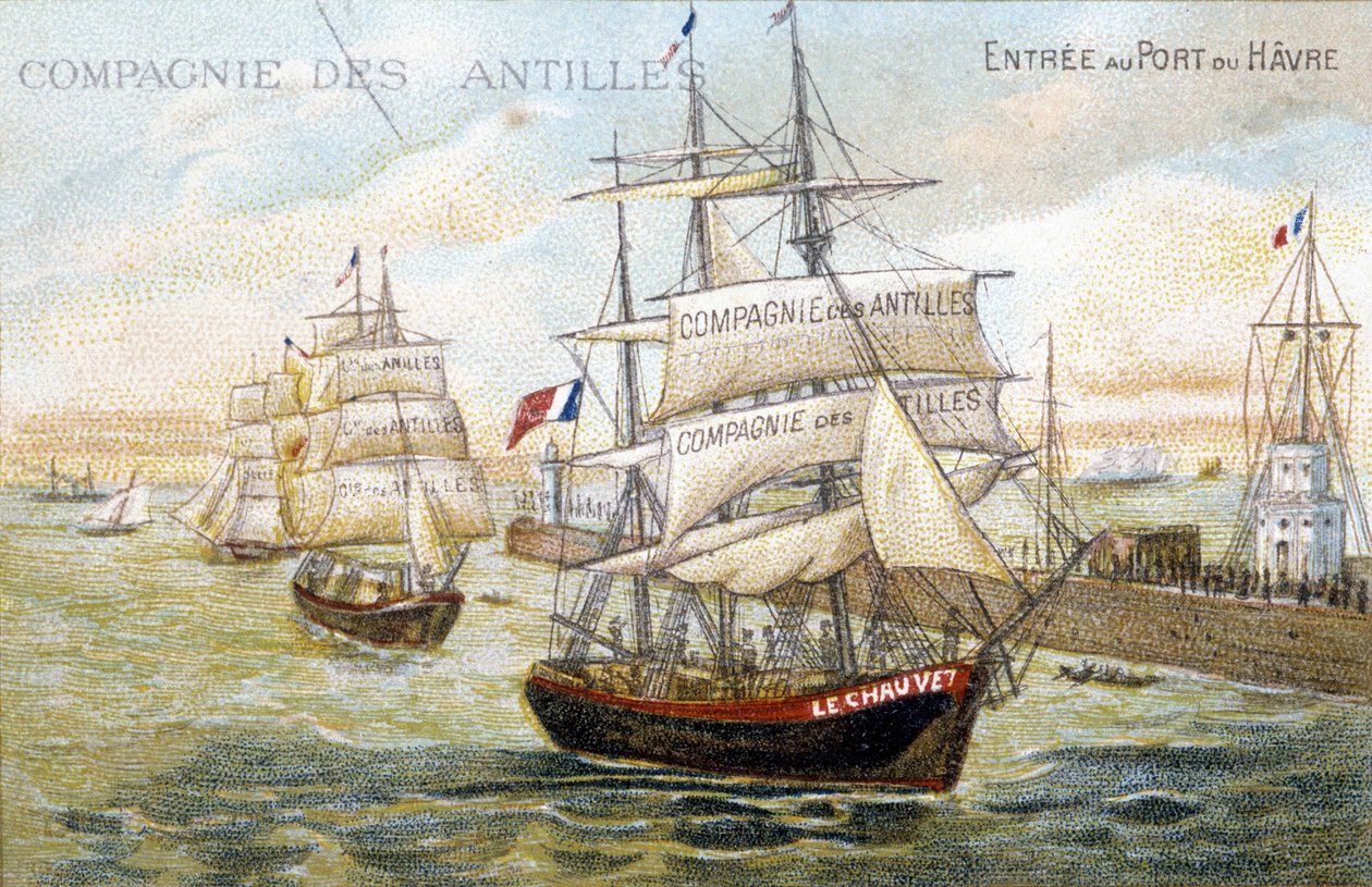 Batı Hint Adaları şirketinin Le Havre limanındaki gemileri. 19. yüzyıl illüstrasyonu Dinan belediye kütüphanesinde korunmuştur. by French School