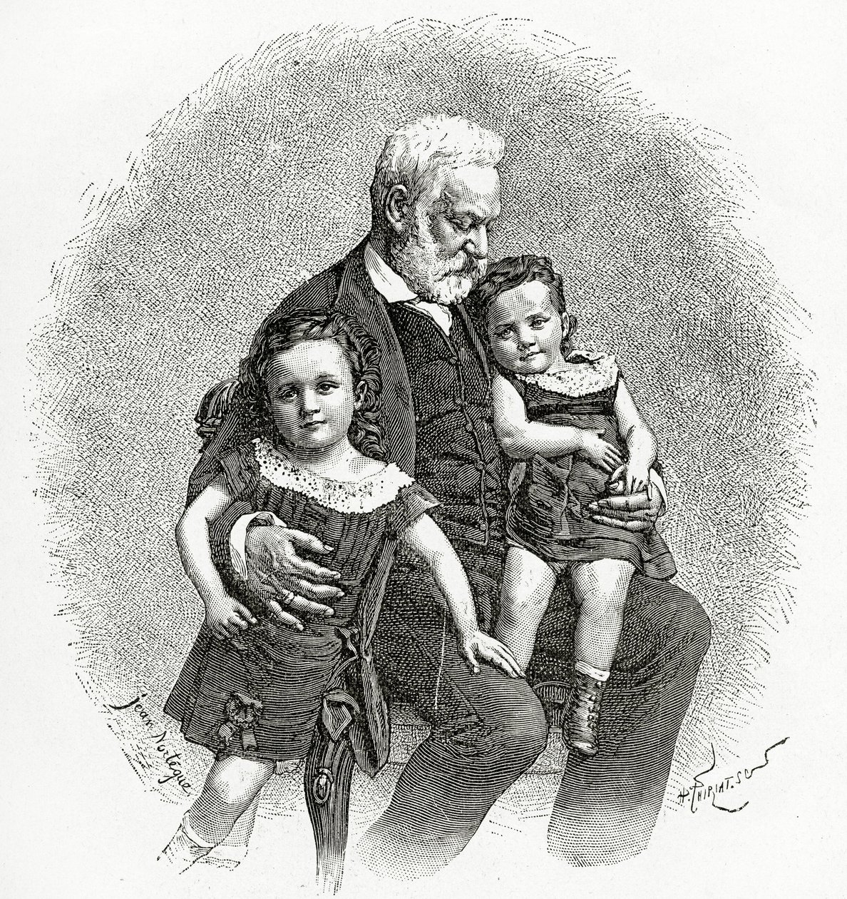 Victor Hugo ve Küçük Çocukları, 19. Yüzyıl (bw gravürü) by French School