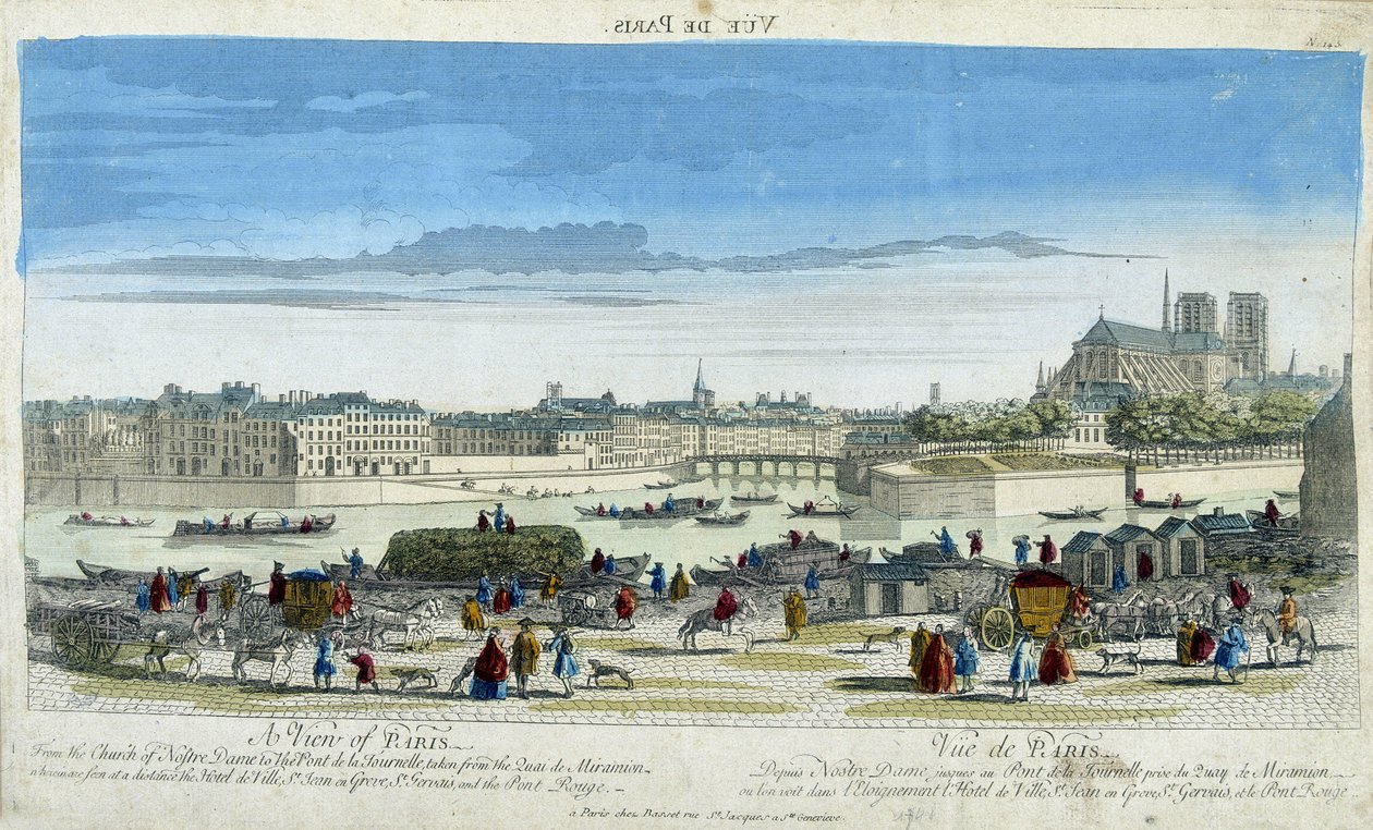 Ile St Louis rıhtımını alarak Paris ve Notre-Dame (Notre Dame) manzarası - gravür by French School