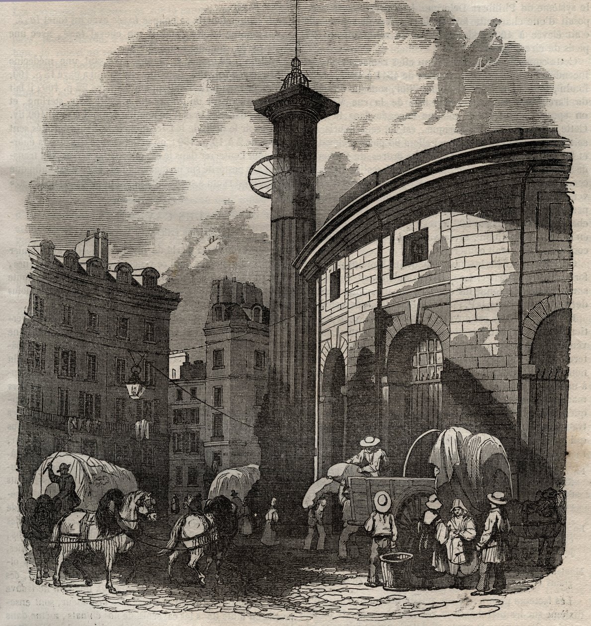 Paris'teki halle au ble (1763-1769'da inşa edilmiştir) ve Medici sütunu, 19. yüzyılın başlarında gravür - Paris'te buğday ve mısır değişimi (1763-1769'da inşa edilmiştir), 19. yüzyılın başlarında gravür - Halle au ble'ın görünümü, Mevcu by French School