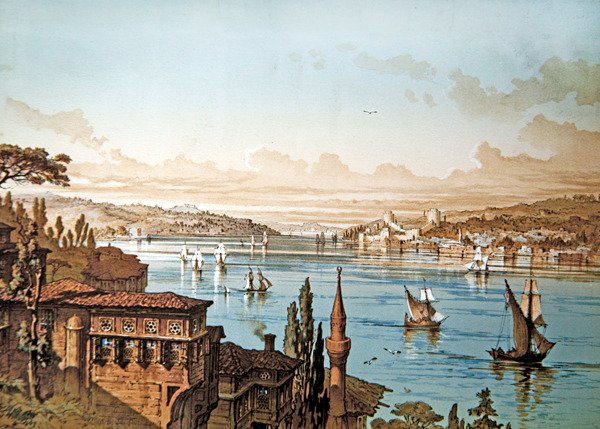 Uzakta İstanbul ile Boğaz ve Rumeli Hisarı kalesindeki gemilerin görünümü (renkli taş) by French School