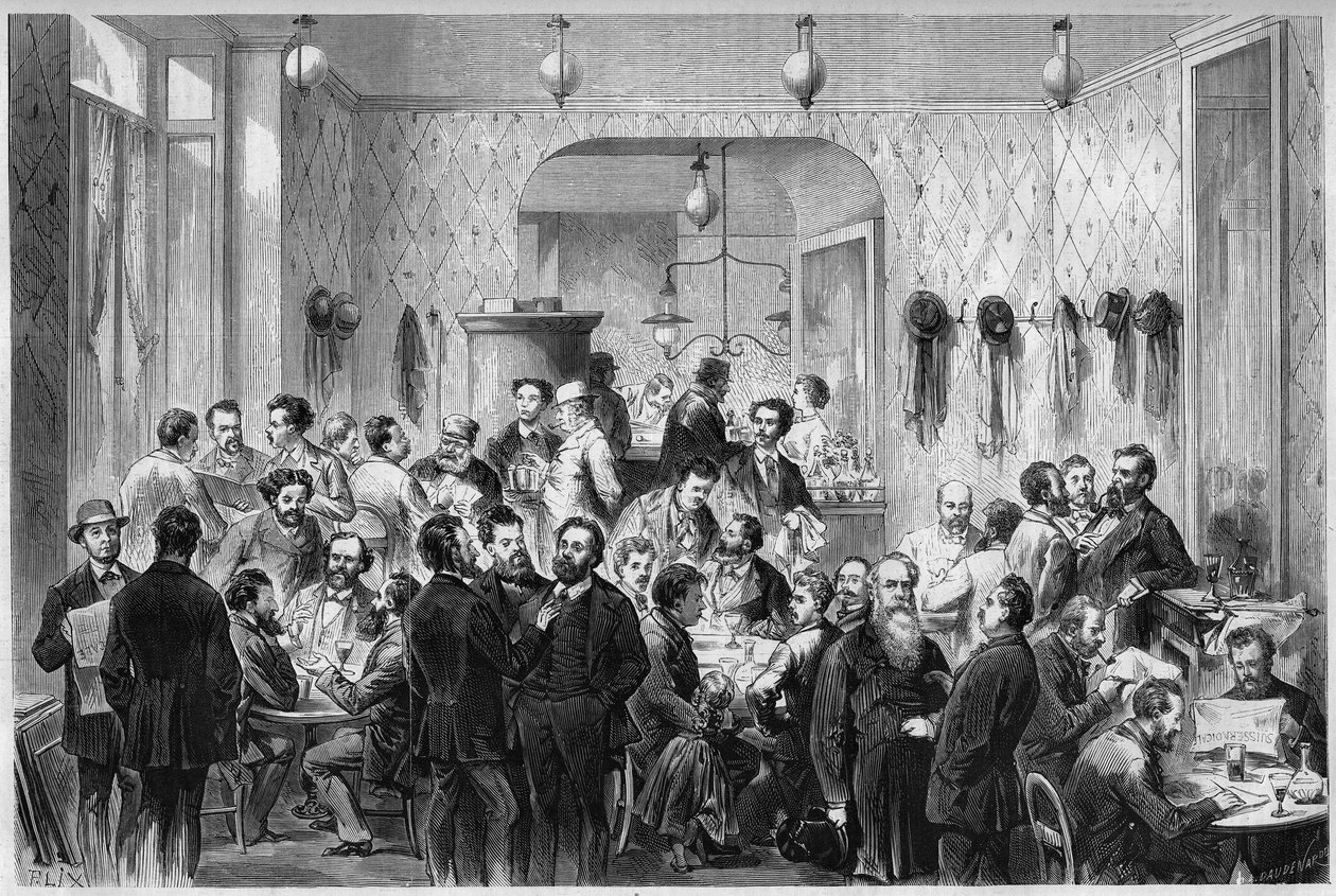 Cenevre'deki “Cafe du Levant”ın görünümü, Paris Komünü ve Lyon Komünü mültecilerinin buluşma yeri. Soldan sağa temsil edilir: Masse, Sirdey, Andignous, Jules Frantz, Jules Moutils, Gaillard (baba ve oğul), Perrare, J. Guesde, L. by French School