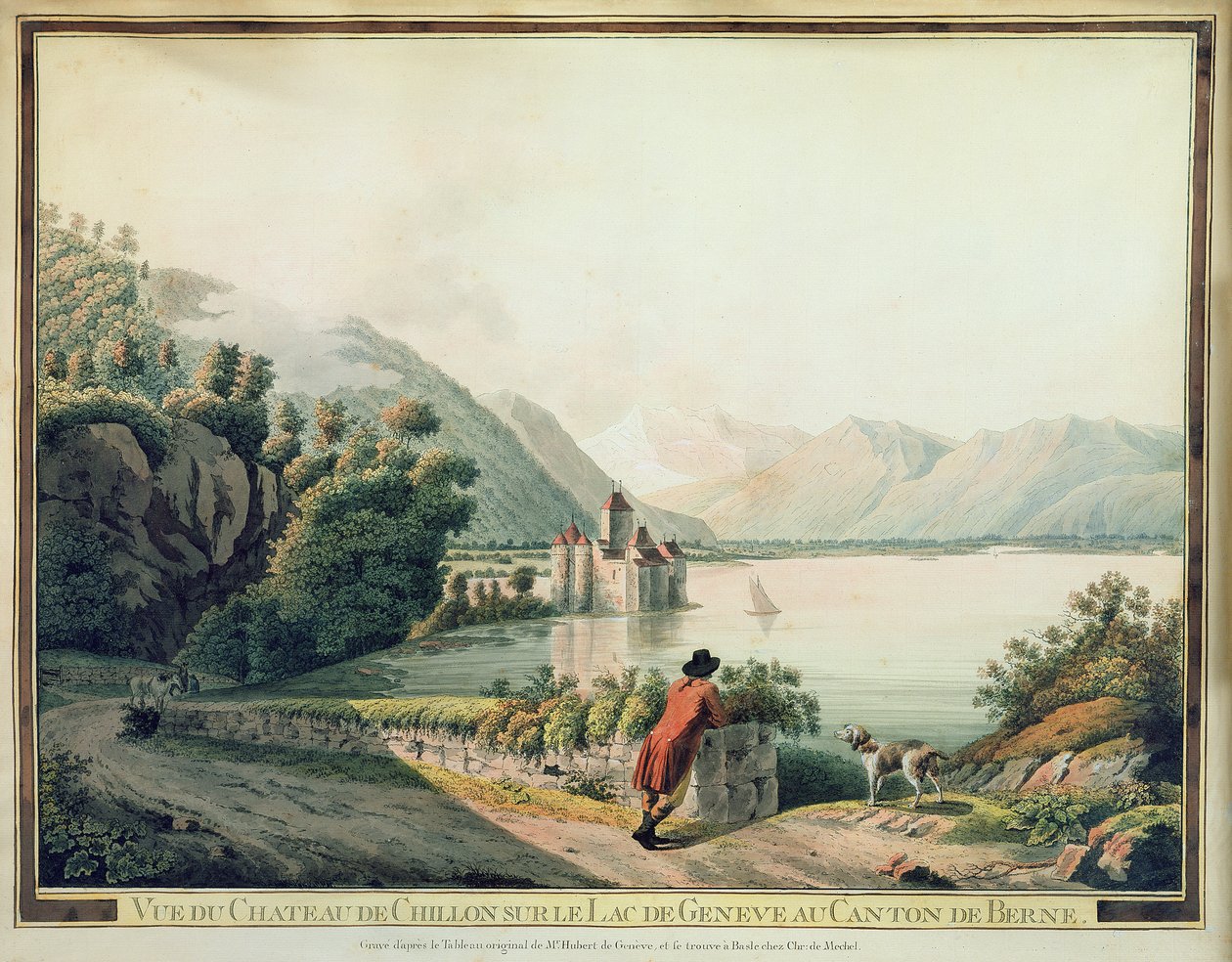 Chateau de Chillon'un görünümü, Cenevre Gölü (renkli gravür) by French School